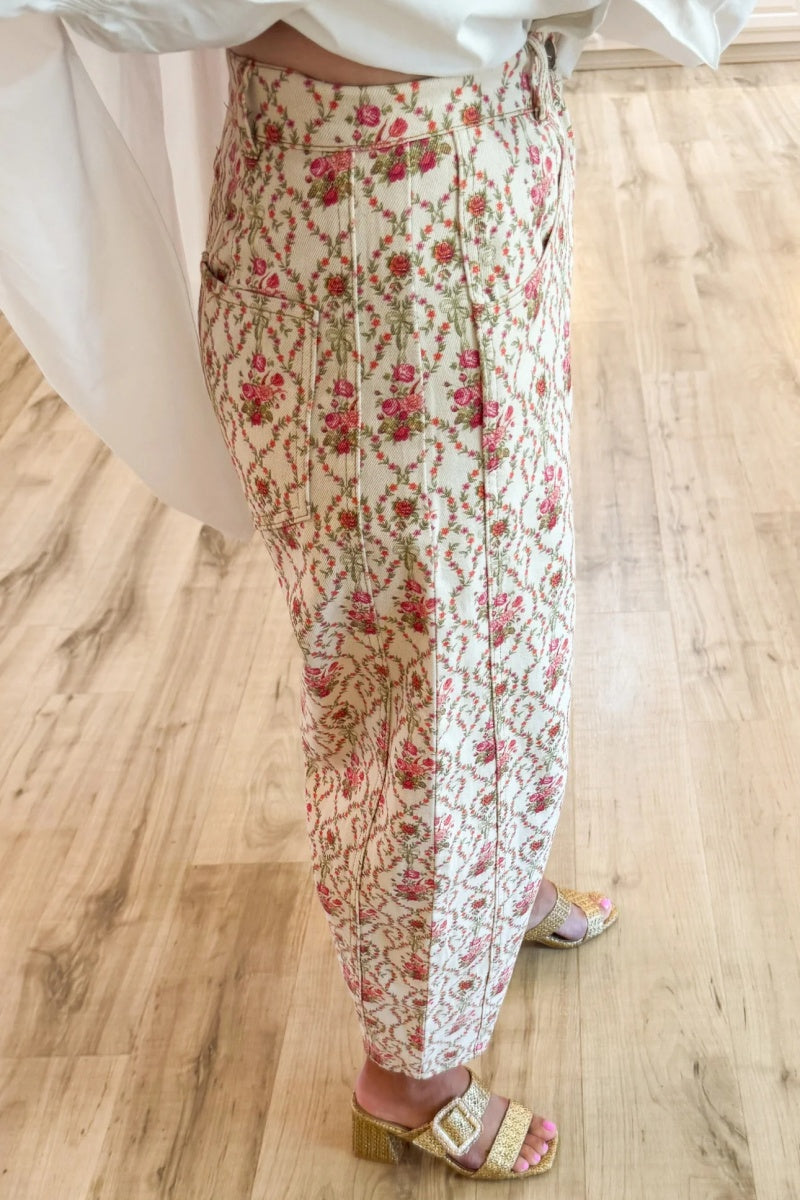 White Pearl Flower Button Down Top+Barrel Pants