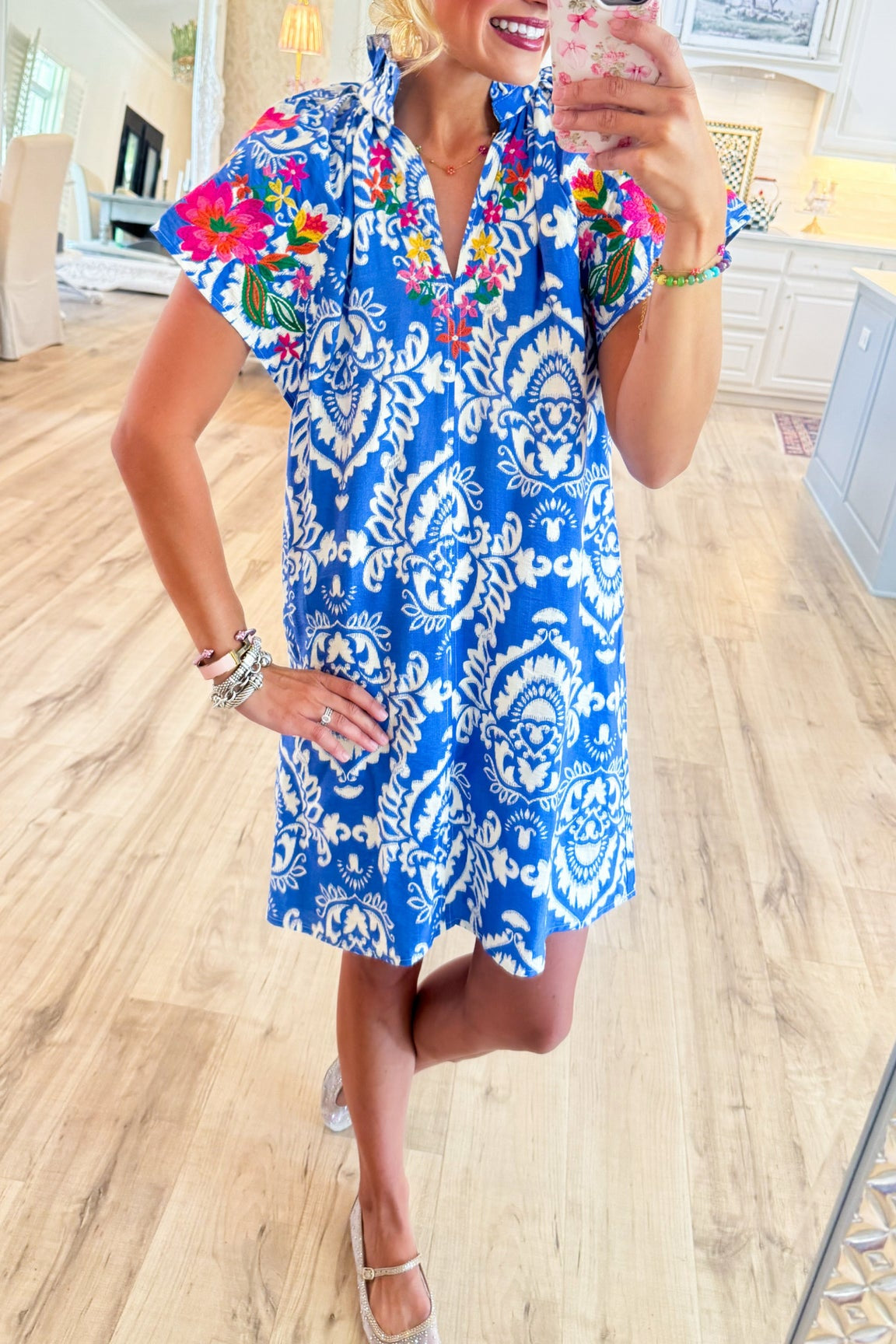Blue Printed Puff Sleeve Mini Dress