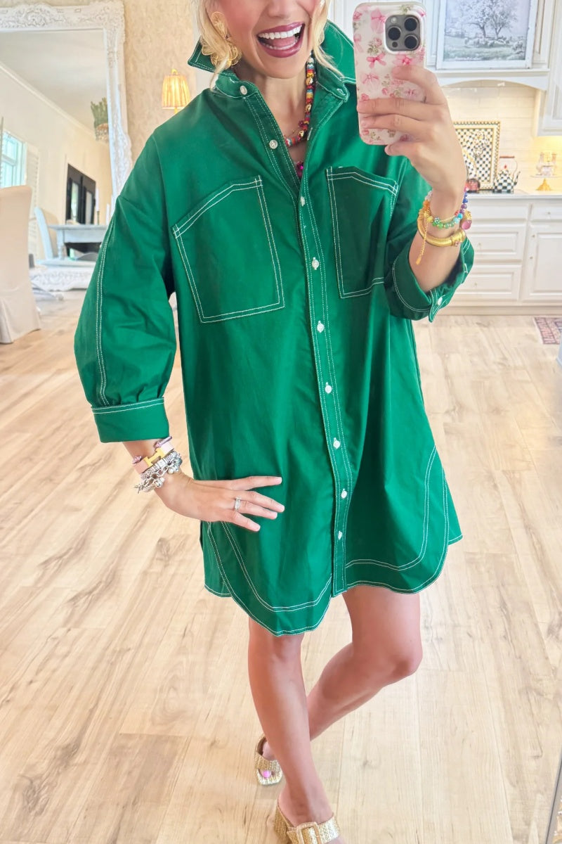 Green 3/4 Sleeve Button Down Dress