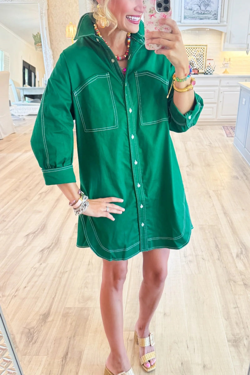 Green 3/4 Sleeve Button Down Dress