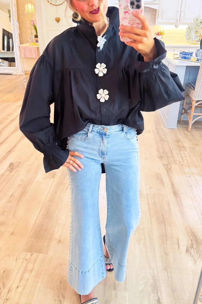 White Pearl Flower Button Down Top+Barrel Pants
