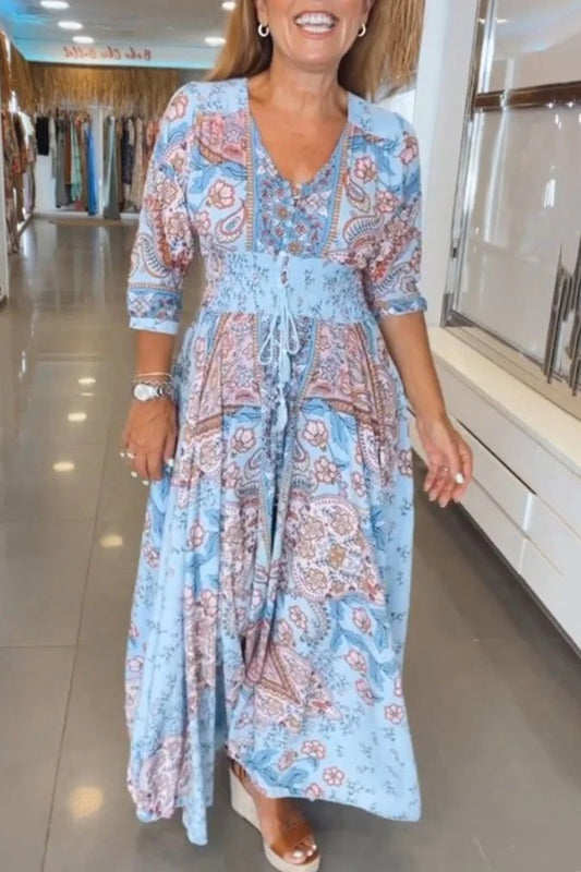 Summer V-neck Printed Midi Dress