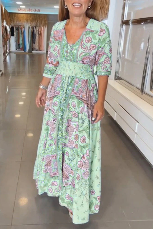 Summer V-neck Printed Midi Dress