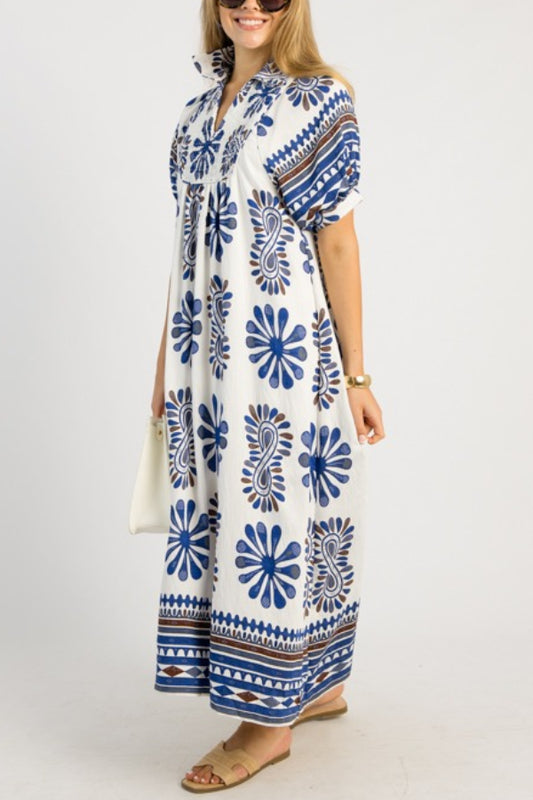 Printed Smocked Yoke Balloon Sleeve Midi Dress