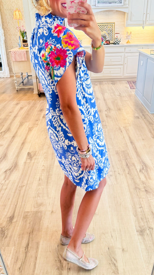 Blue Printed Puff Sleeve Mini Dress