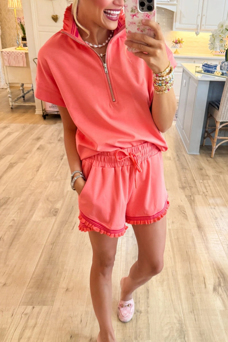 Coral Ruffle Trim Short Set