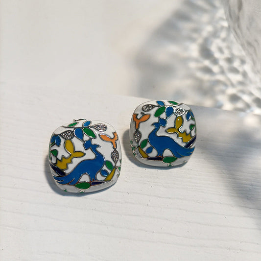 Enamel Flower and Bird Earrings Multicolored Enamel Square Earrings