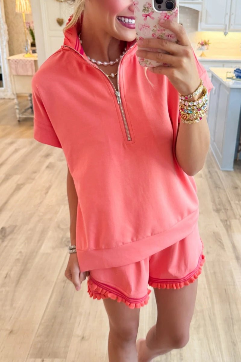 Coral Ruffle Trim Short Set