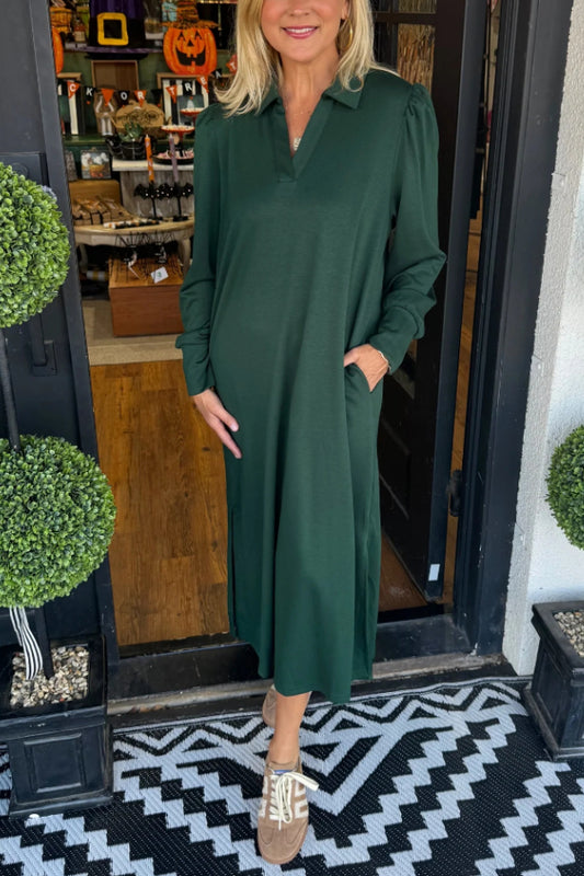 Solid V-neck Midi Dress