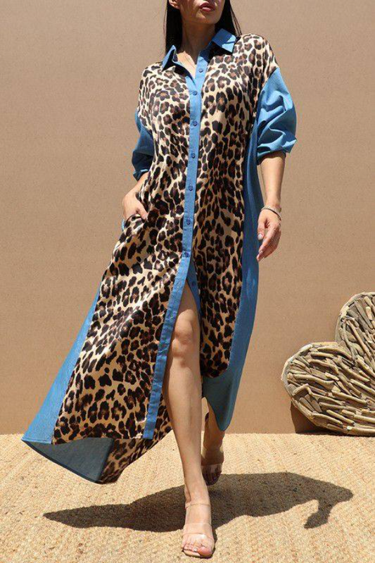 Women Leopard Print Shirt Long Sleeve Dresss
