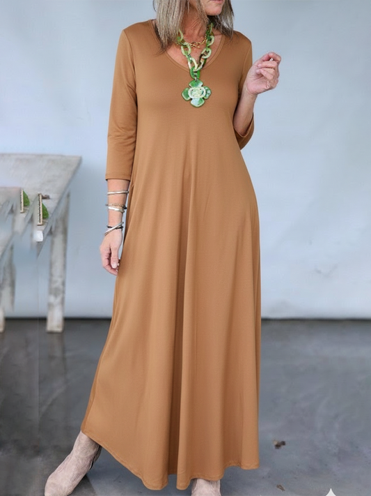 Comfortable Solid Color V-neck Stretch Knit A-line Dress