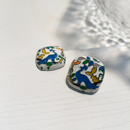 Enamel Flower and Bird Earrings Multicolored Enamel Square Earrings