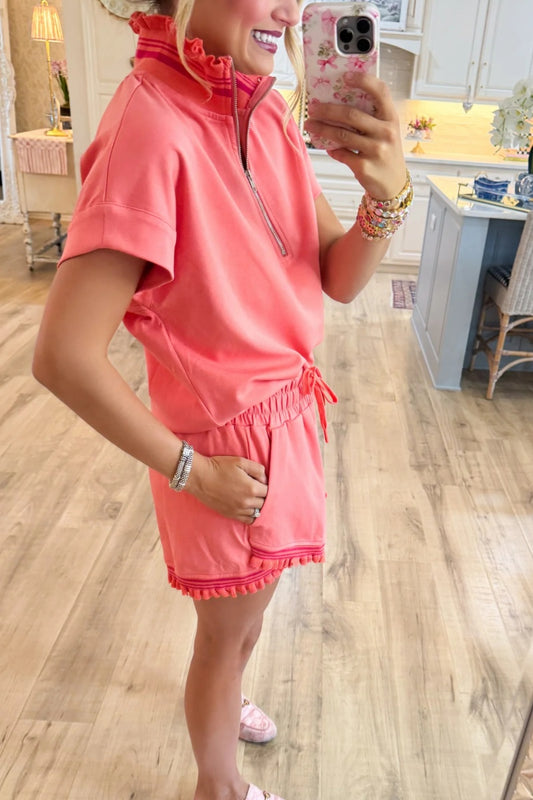 Coral Ruffle Trim Short Set