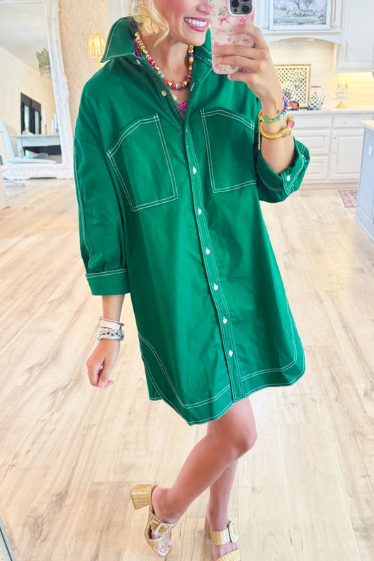 Green 3/4 Sleeve Button Down Dress