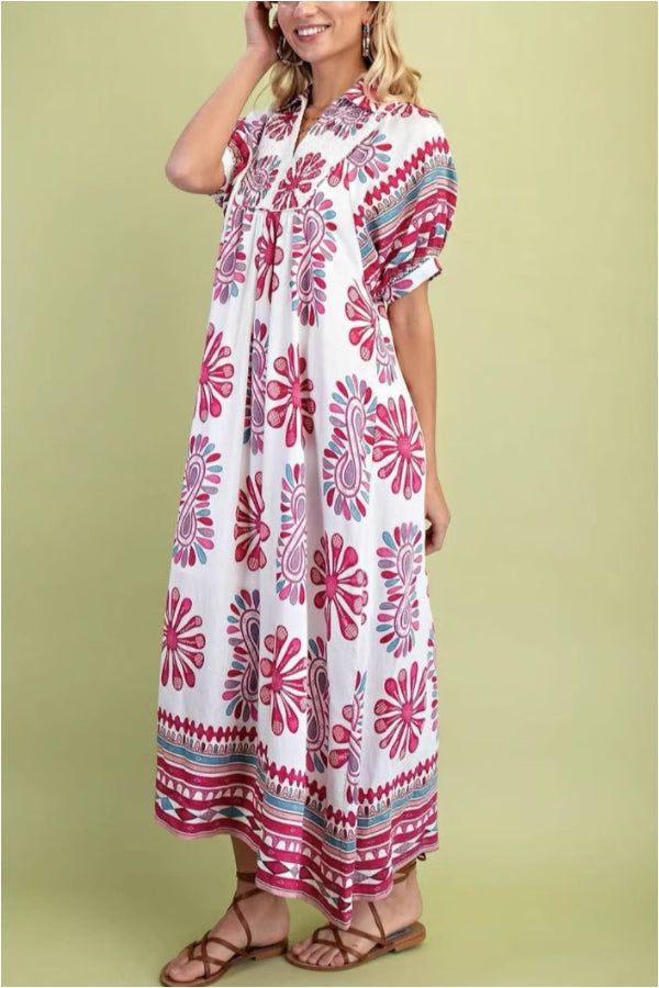 Printed Smocked Yoke Balloon Sleeve Midi Dress