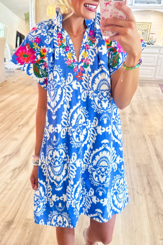 Blue Printed Puff Sleeve Mini Dress