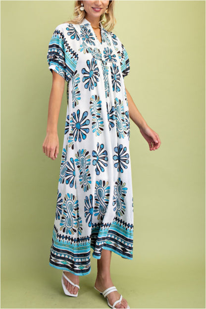 Printed Smocked Yoke Balloon Sleeve Midi Dress
