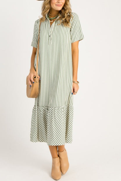 Casual Striped Shirt Midi Dress