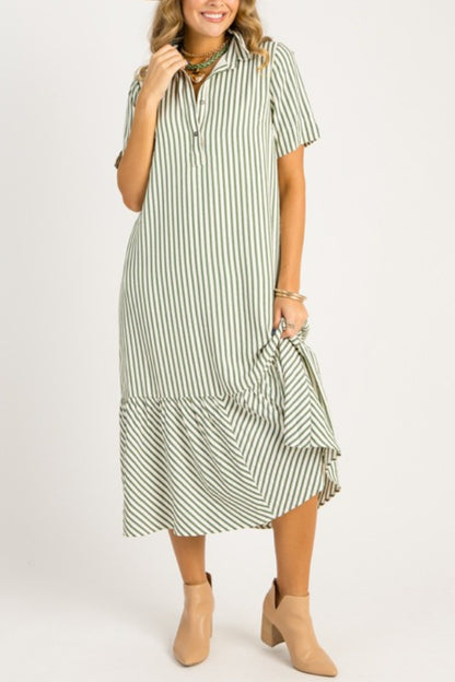 Casual Striped Shirt Midi Dress