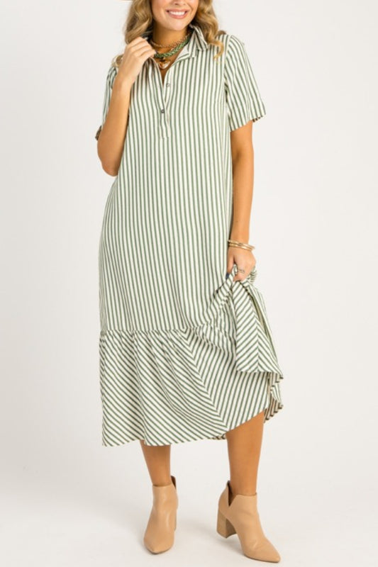 Casual Striped Shirt Midi Dress