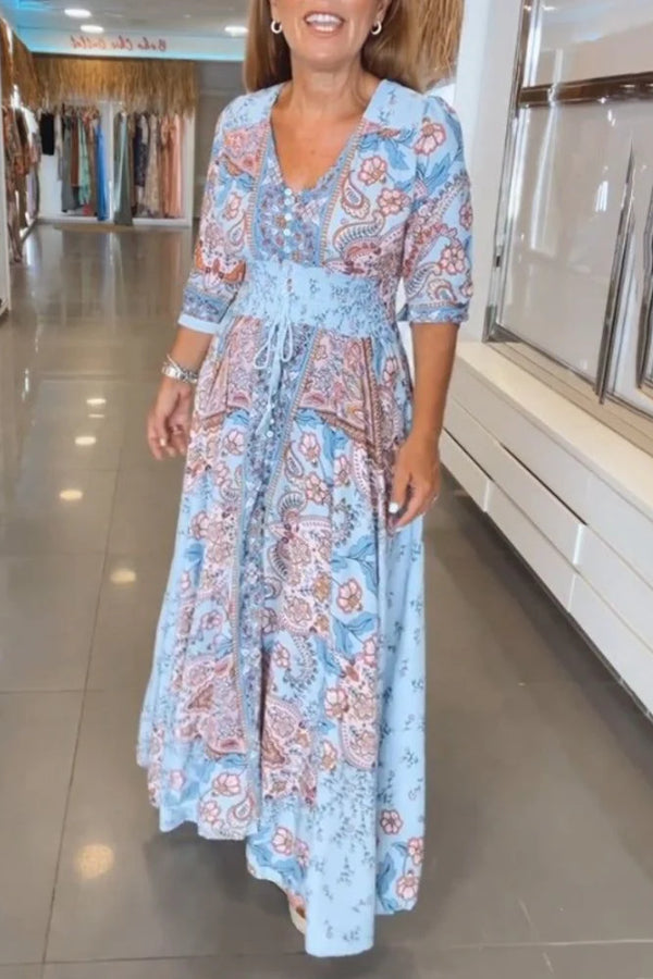 Summer V-neck Printed Midi Dress
