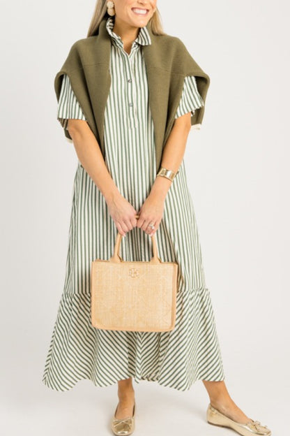 Casual Striped Shirt Midi Dress