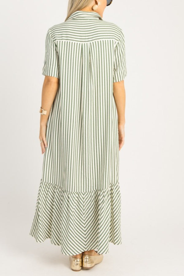 Casual Striped Shirt Midi Dress