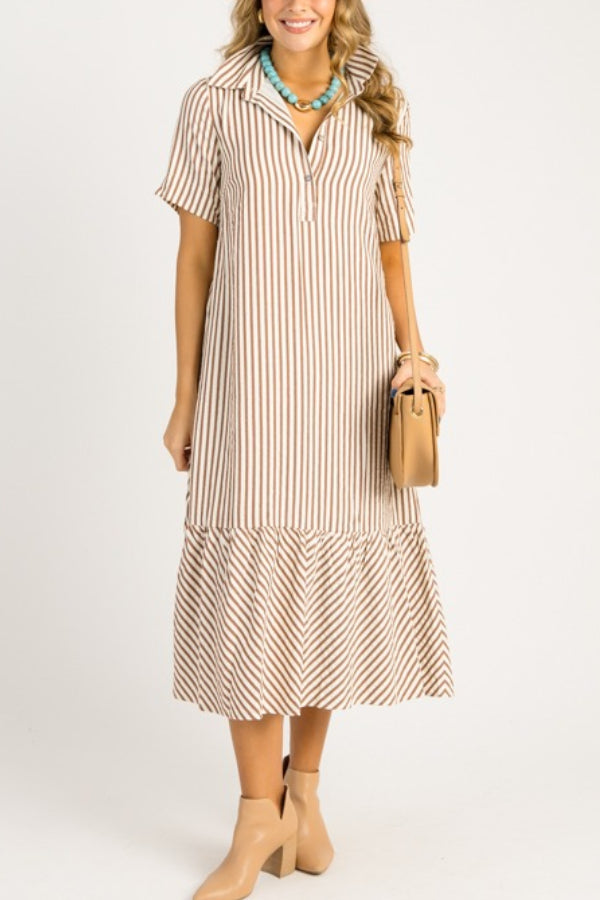 Casual Striped Shirt Midi Dress