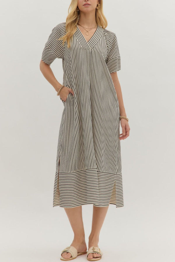 Striped Split Neck Midi Dress