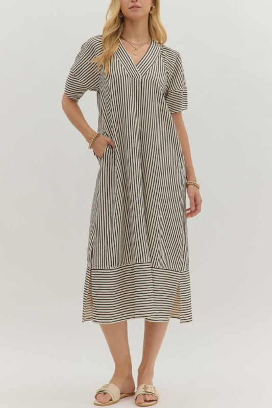Striped Split Neck Midi Dress