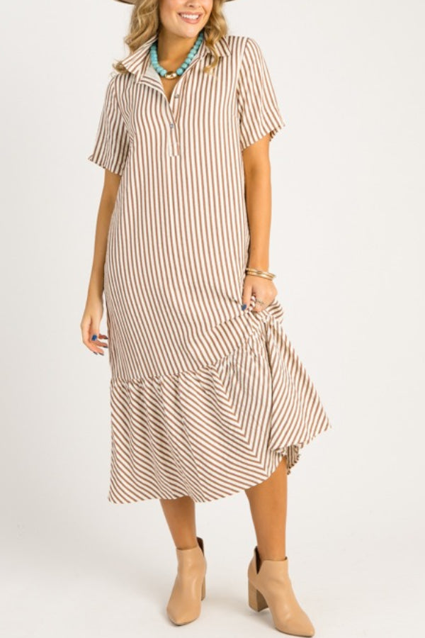 Casual Striped Shirt Midi Dress