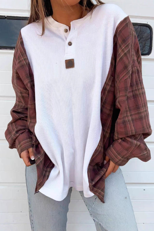 Plaid Paneled Crew Neck Sweatshirt