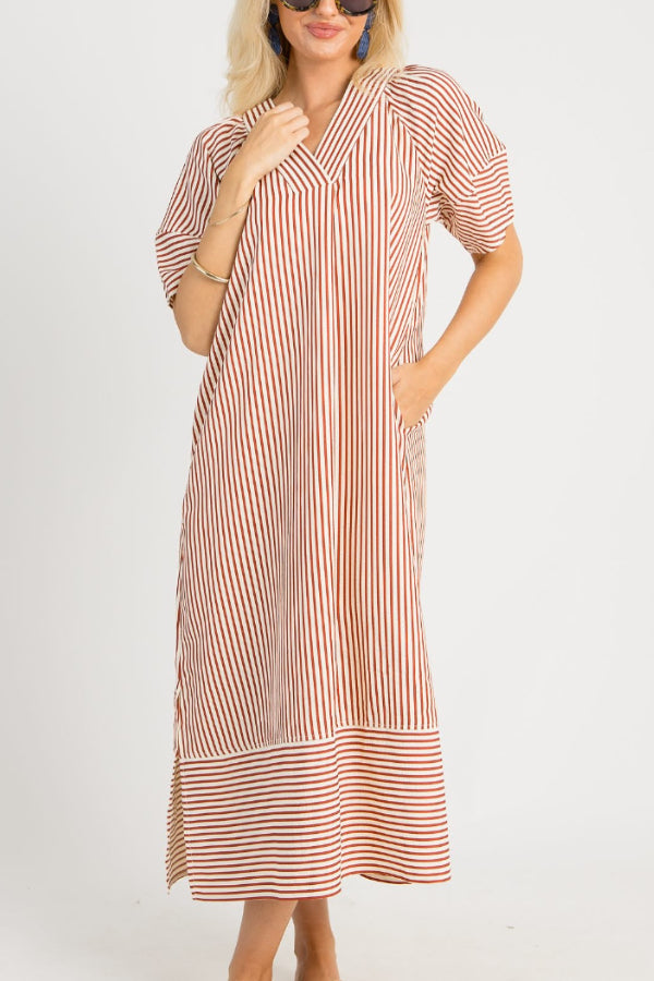 Striped Split Neck Midi Dress