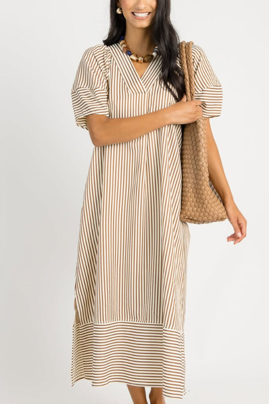 Striped Split Neck Midi Dress
