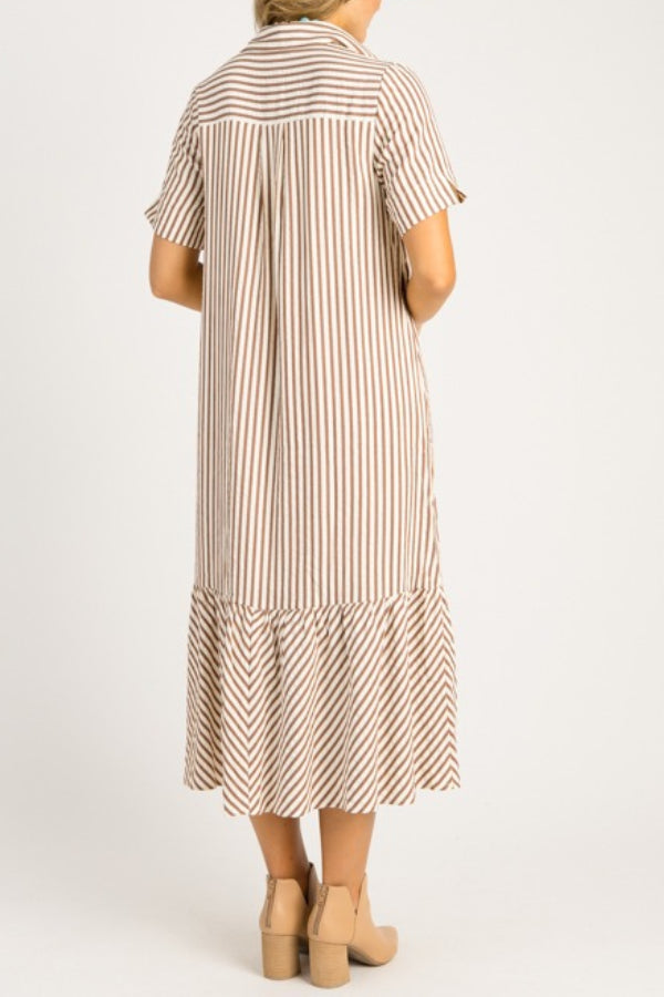 Casual Striped Shirt Midi Dress