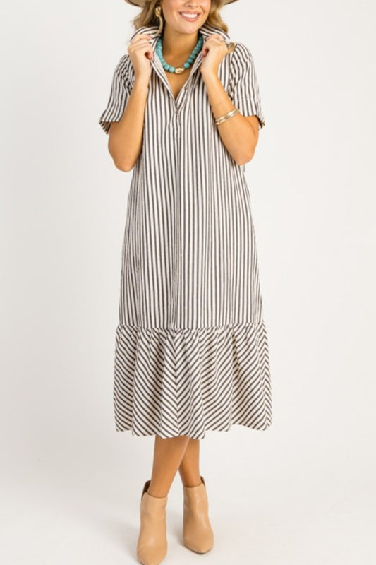 Casual Striped Shirt Midi Dress