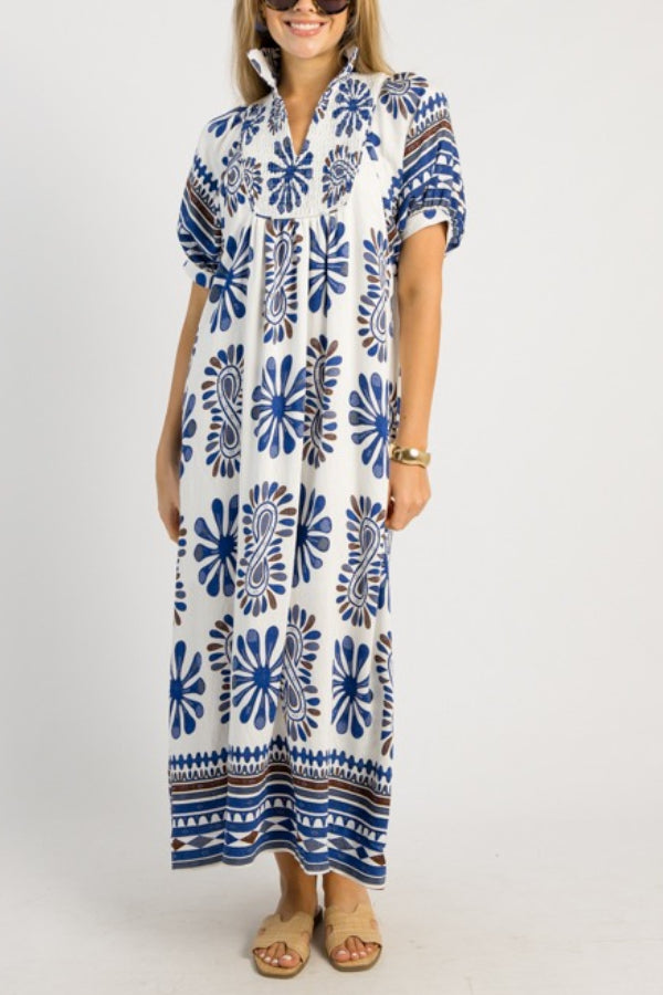 Printed Smocked Yoke Balloon Sleeve Midi Dress
