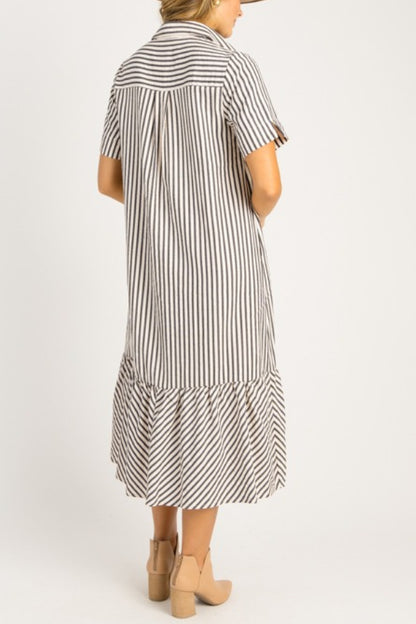Casual Striped Shirt Midi Dress