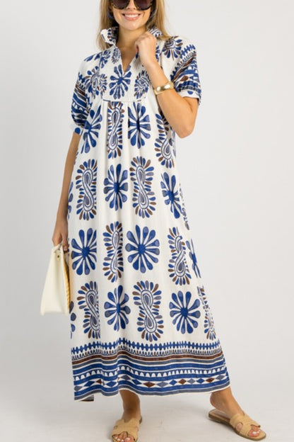 Printed Smocked Yoke Balloon Sleeve Midi Dress
