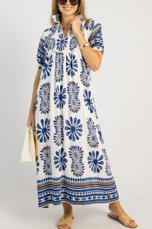 Printed Smocked Yoke Balloon Sleeve Midi Dress