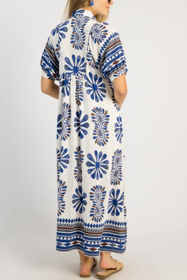 Printed Smocked Yoke Balloon Sleeve Midi Dress