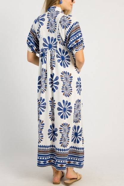 Printed Smocked Yoke Balloon Sleeve Midi Dress