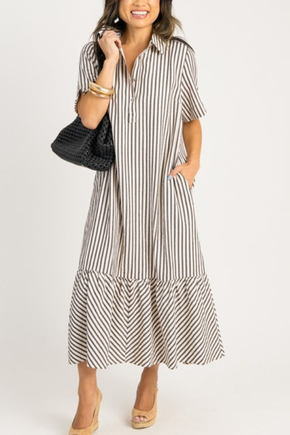 Casual Striped Shirt Midi Dress