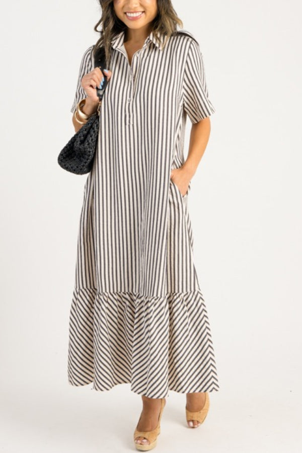 Casual Striped Shirt Midi Dress