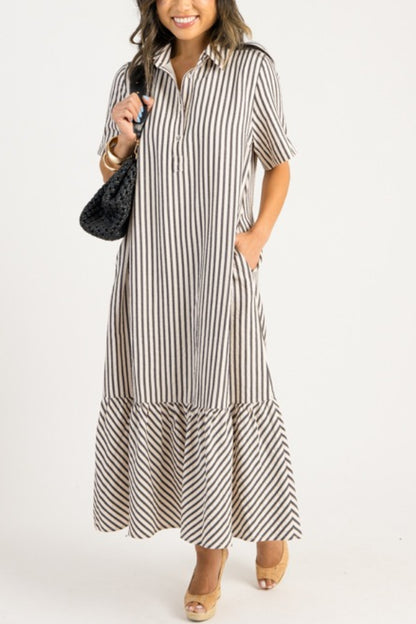 Casual Striped Shirt Midi Dress