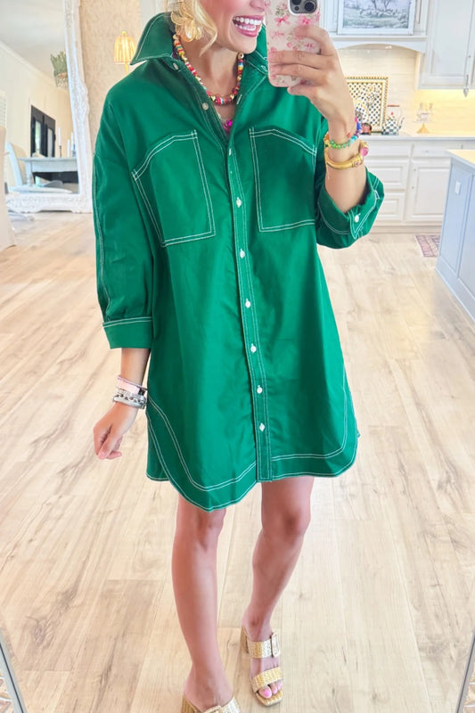 Green 3/4 Sleeve Button Down Dress
