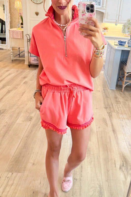 Coral Ruffle Trim Short Set