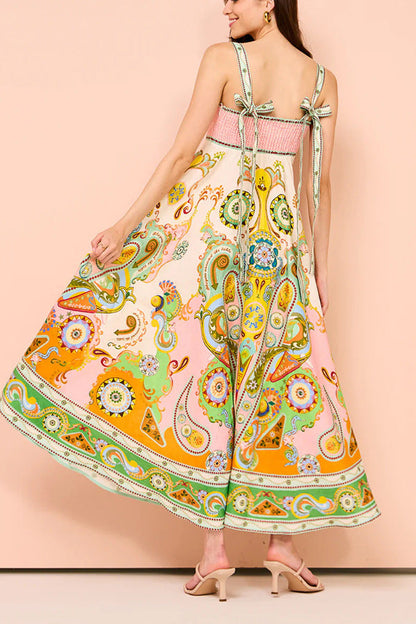 Graffiti Print Sleeveless Bow Large Swing Cotton Linen Dress